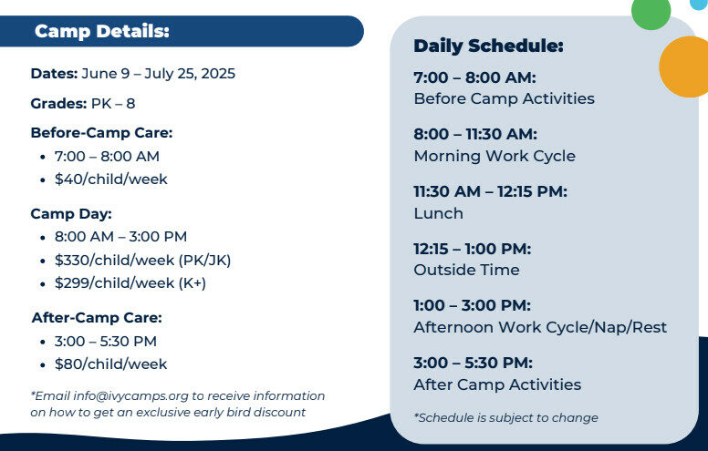 Ivy Camps USA summer camps at a glance